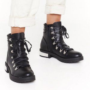 Nasty Gal PU Metal Heel Detail D Ring Black Hiker Boots